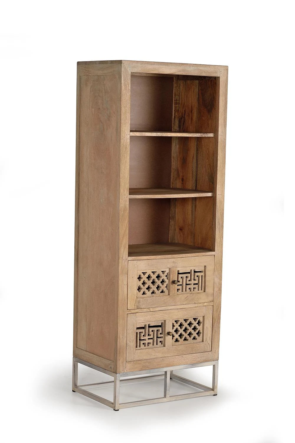 Giner and Colomer - 2-Drawer Mango Wood Bookcase With Metal Base & Hand-Carved Details