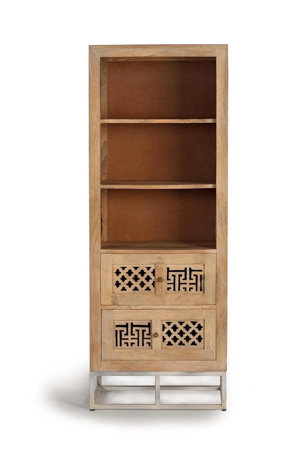 Giner and Colomer - 2-Drawer Mango Wood Bookcase With Metal Base & Hand-Carved Details