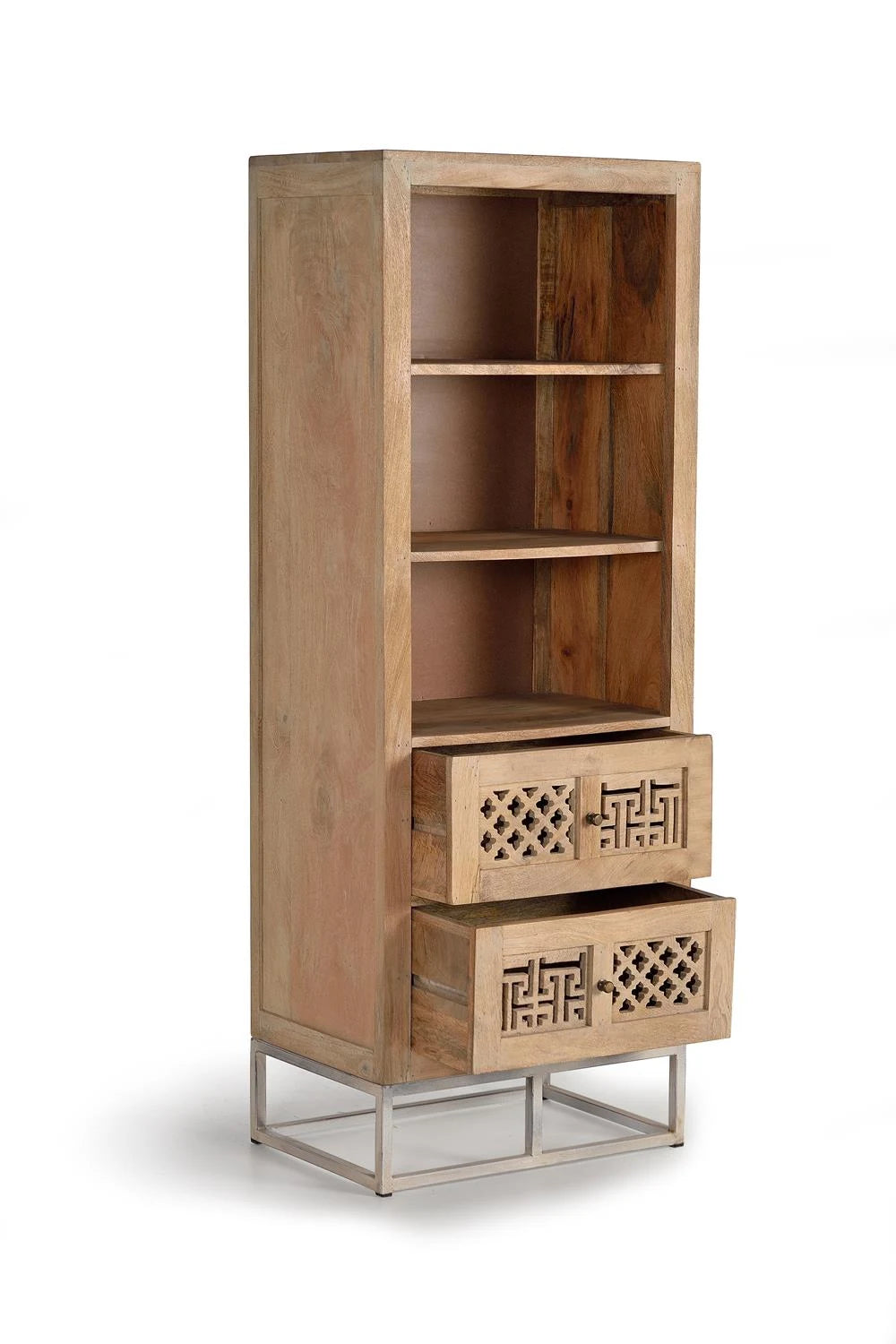 Giner and Colomer - 2-Drawer Mango Wood Bookcase With Metal Base & Hand-Carved Details