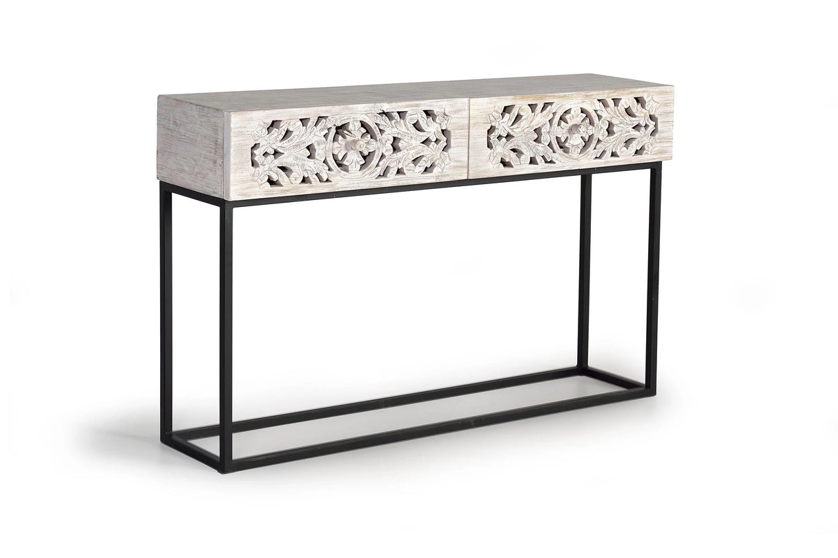 Giner and Colomer - Console With 2 Hand-Carved Drawers (Mango Wood & Metal Base)