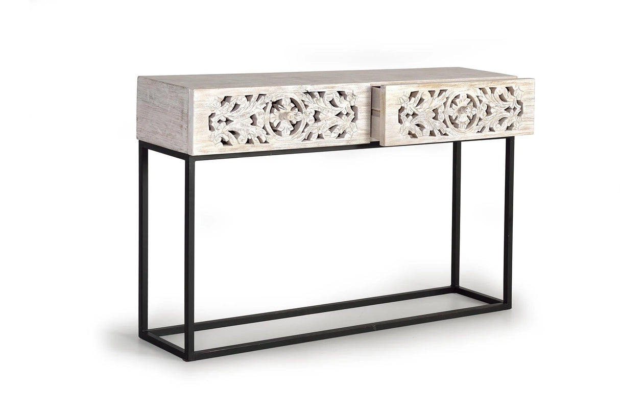 Giner and Colomer - Console With 2 Hand-Carved Drawers (Mango Wood & Metal Base)
