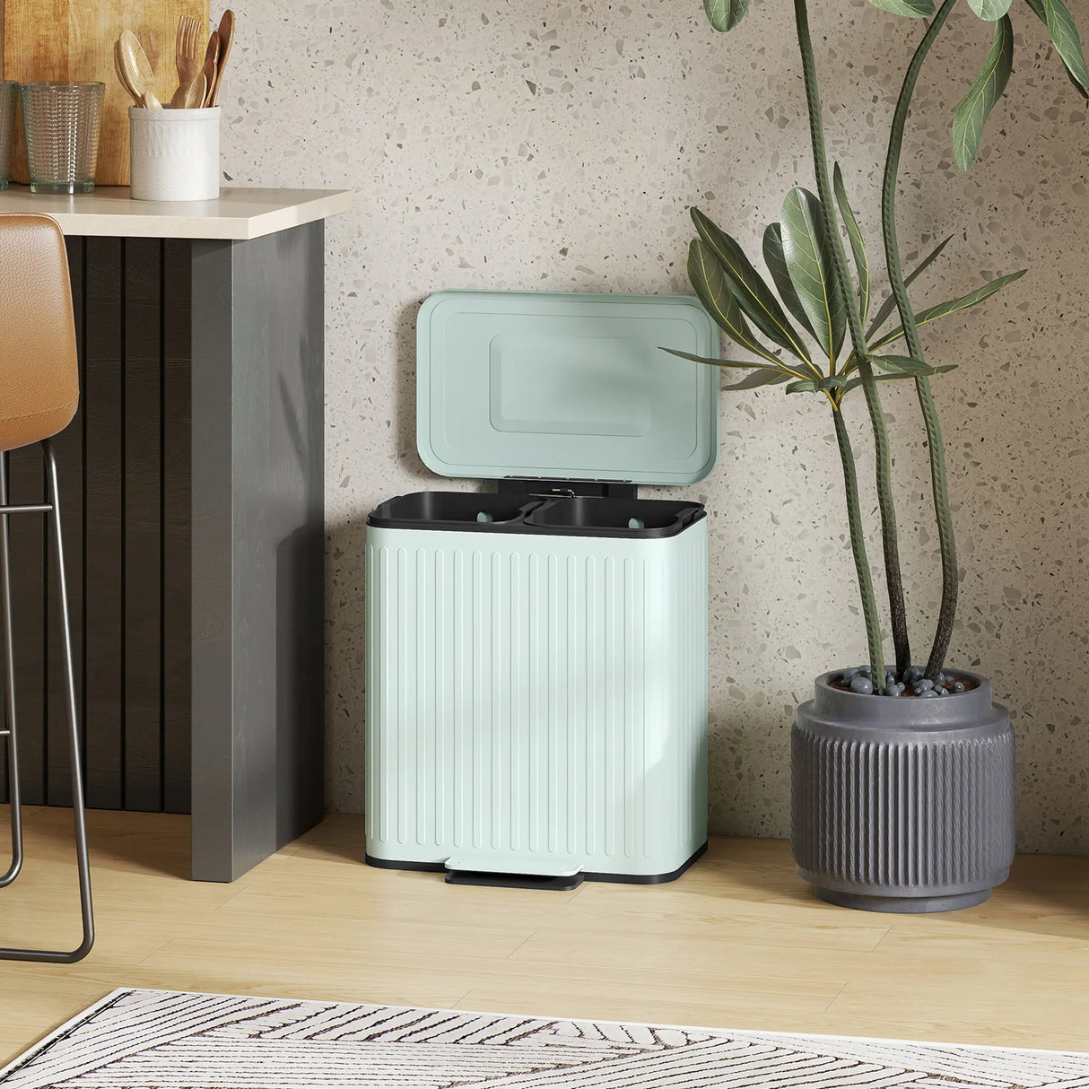 HOMCOM Dual Kitchen Bin, 2 x 20L Double Bin for Recycling and Waste, Fingerprint-proof Pedal Bin with Soft-Close Lid, Removable Inner Buckets, Green