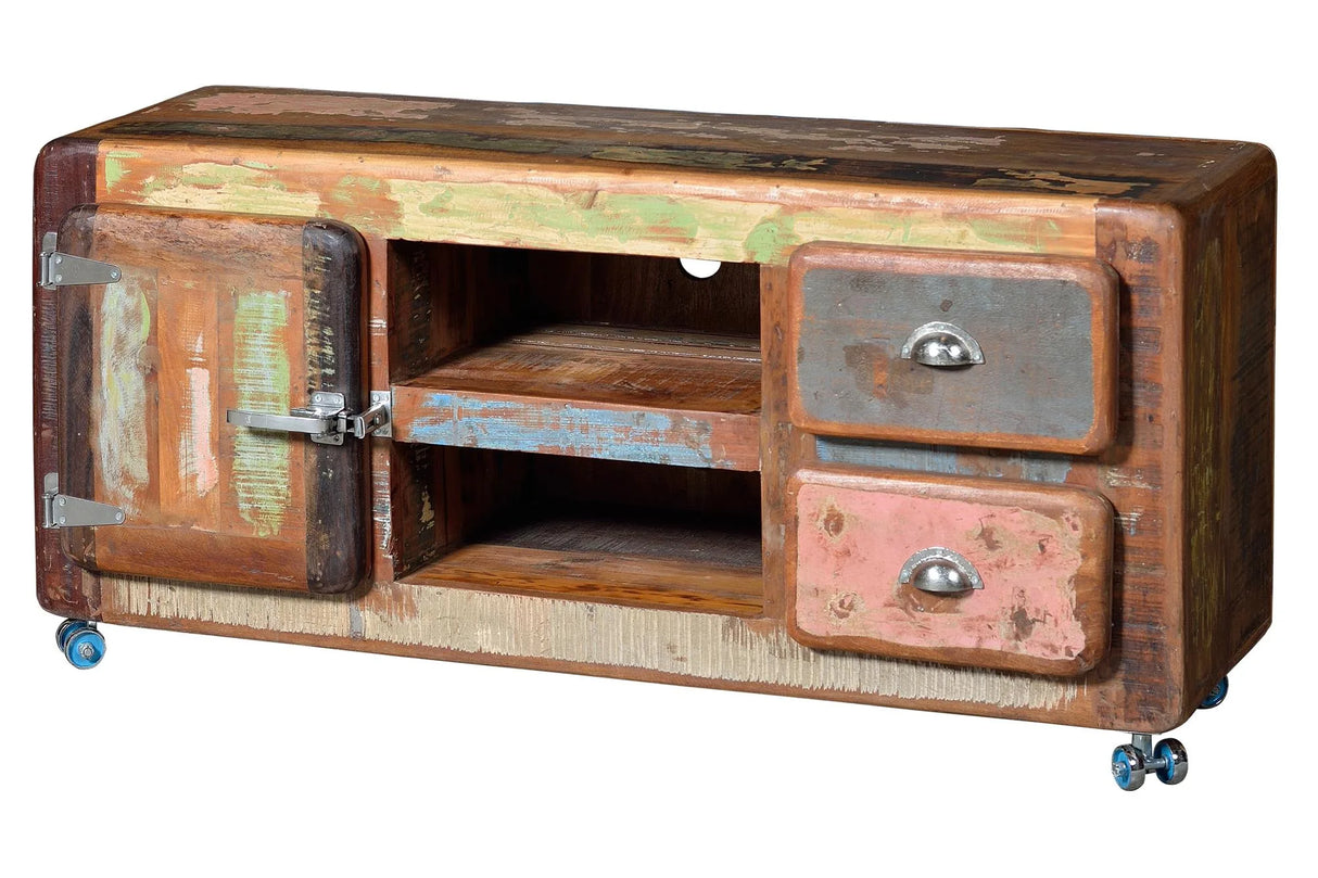 Giner and Colomer - Recycled Wood TV Unit With Old Refrigerator-Style Handles & Wheels