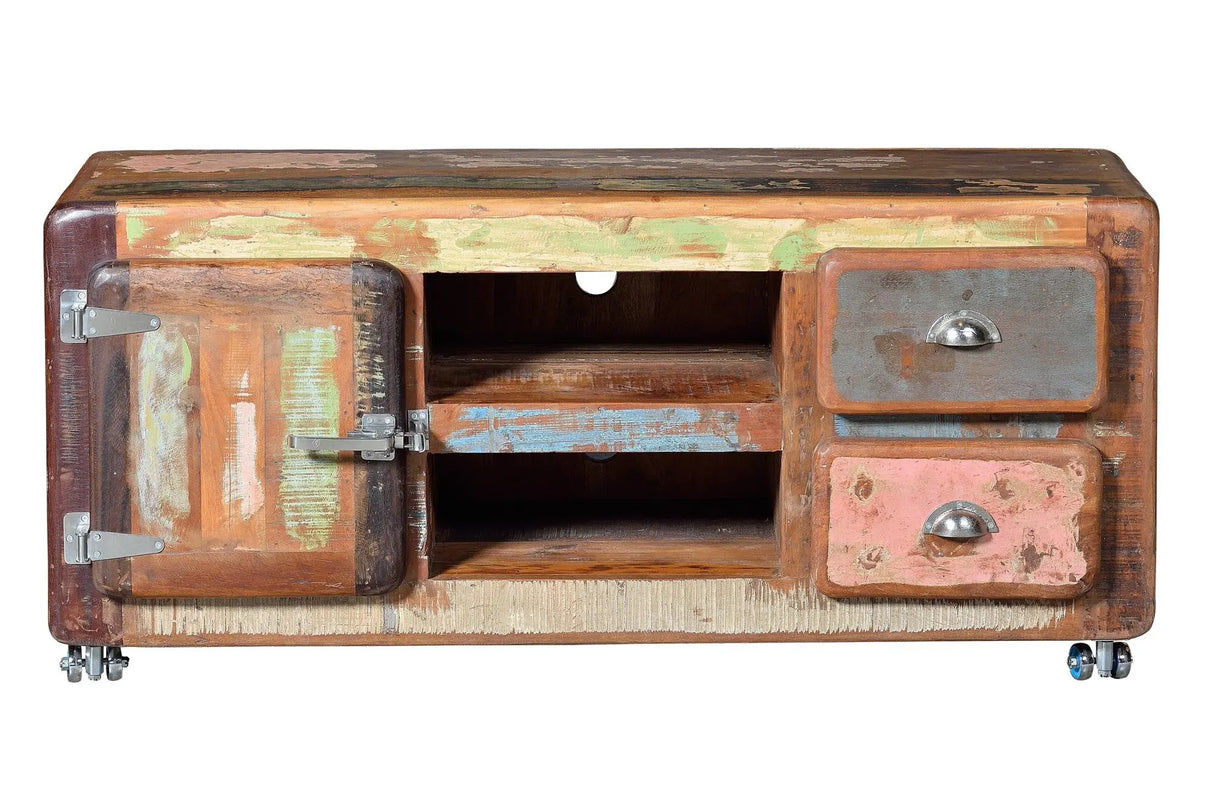 Giner and Colomer - Recycled Wood TV Unit With Old Refrigerator-Style Handles & Wheels