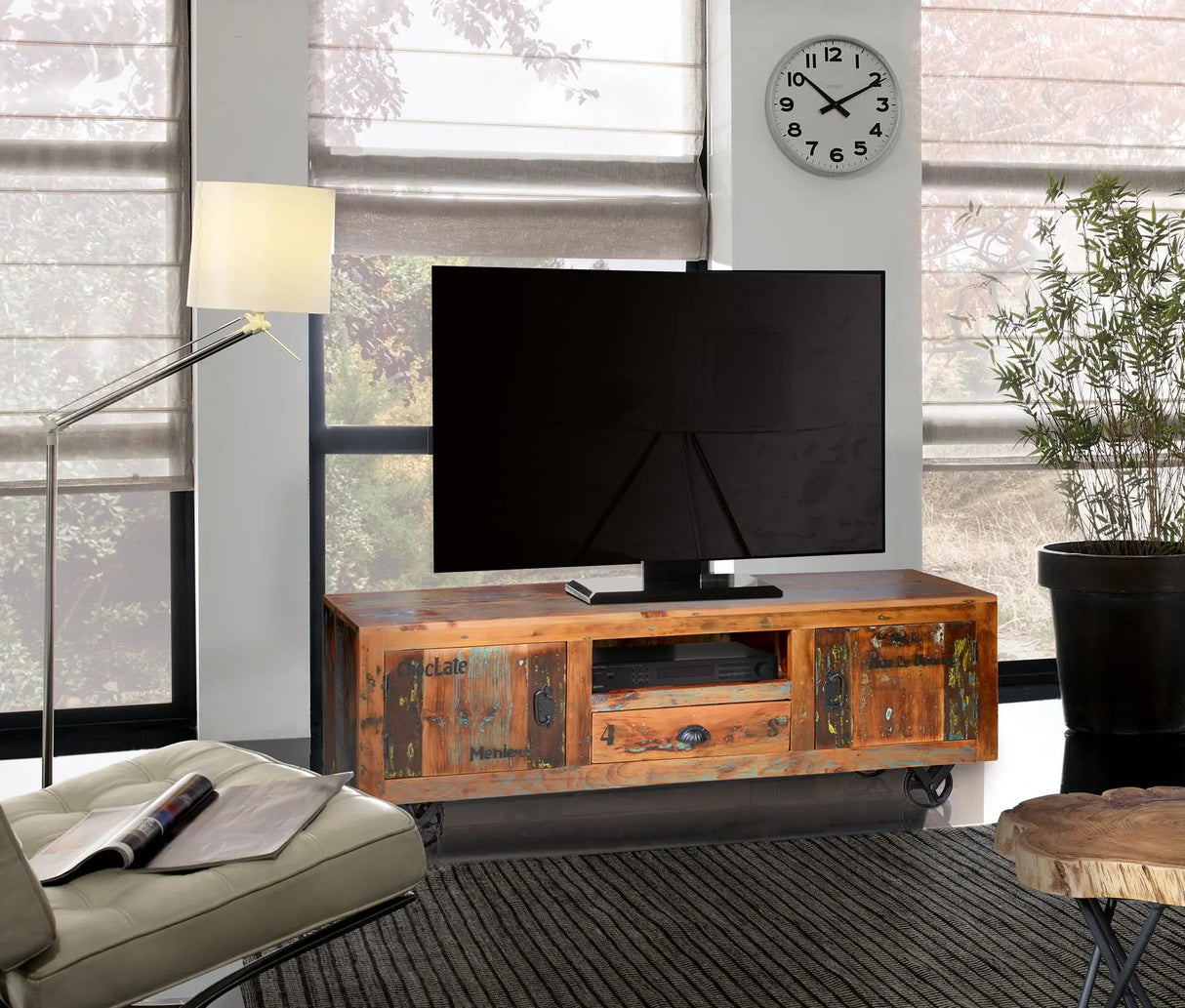 Giner and Colomer - Recycled Wood TV Cabinet With 2 Doors, 1 Drawer & Iron Wheels