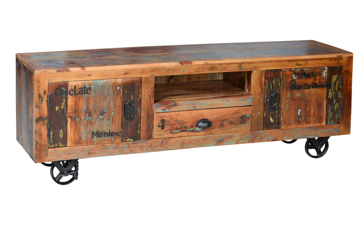 Giner and Colomer - Recycled Wood TV Cabinet With 2 Doors, 1 Drawer & Iron Wheels