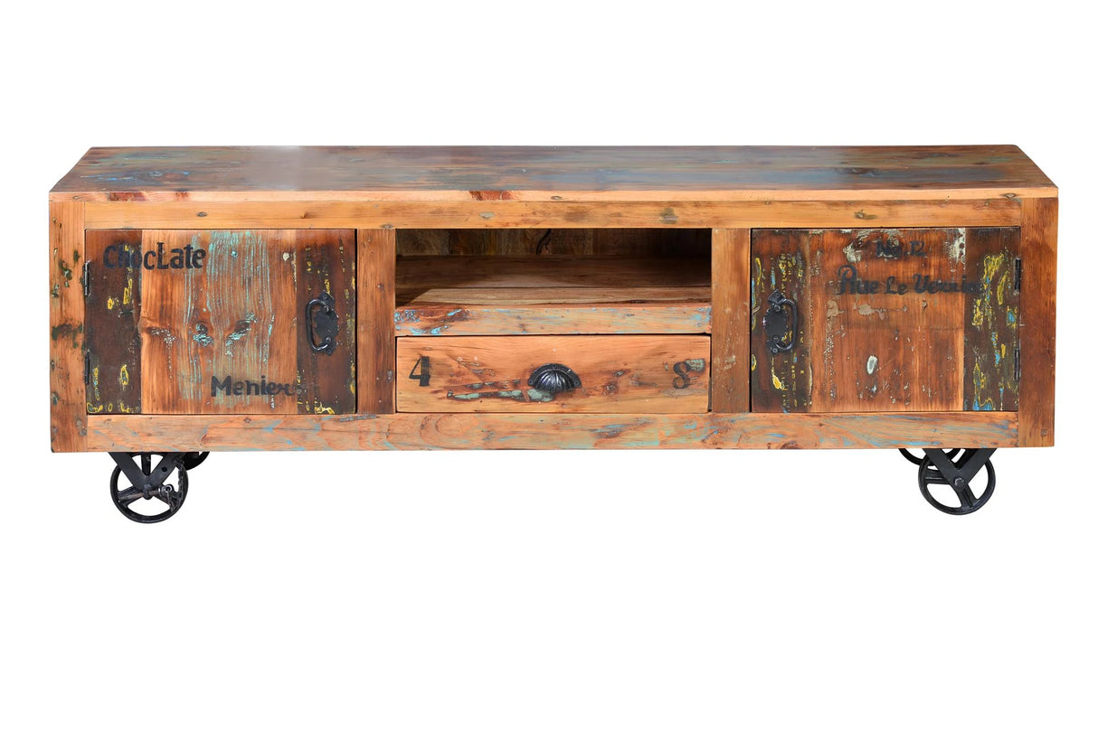 Giner and Colomer - Recycled Wood TV Cabinet With 2 Doors, 1 Drawer & Iron Wheels