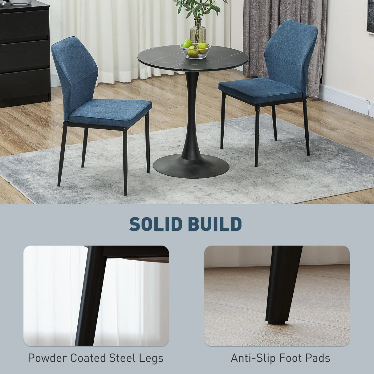 HOMCOM Velvet Dining Chairs Set of 2, Modern Armless Upholstered Kitchen Chairs with Metal Legs, Curved Back and Padded Seat, for Dining Room, Bedroom, Living Room, Blue