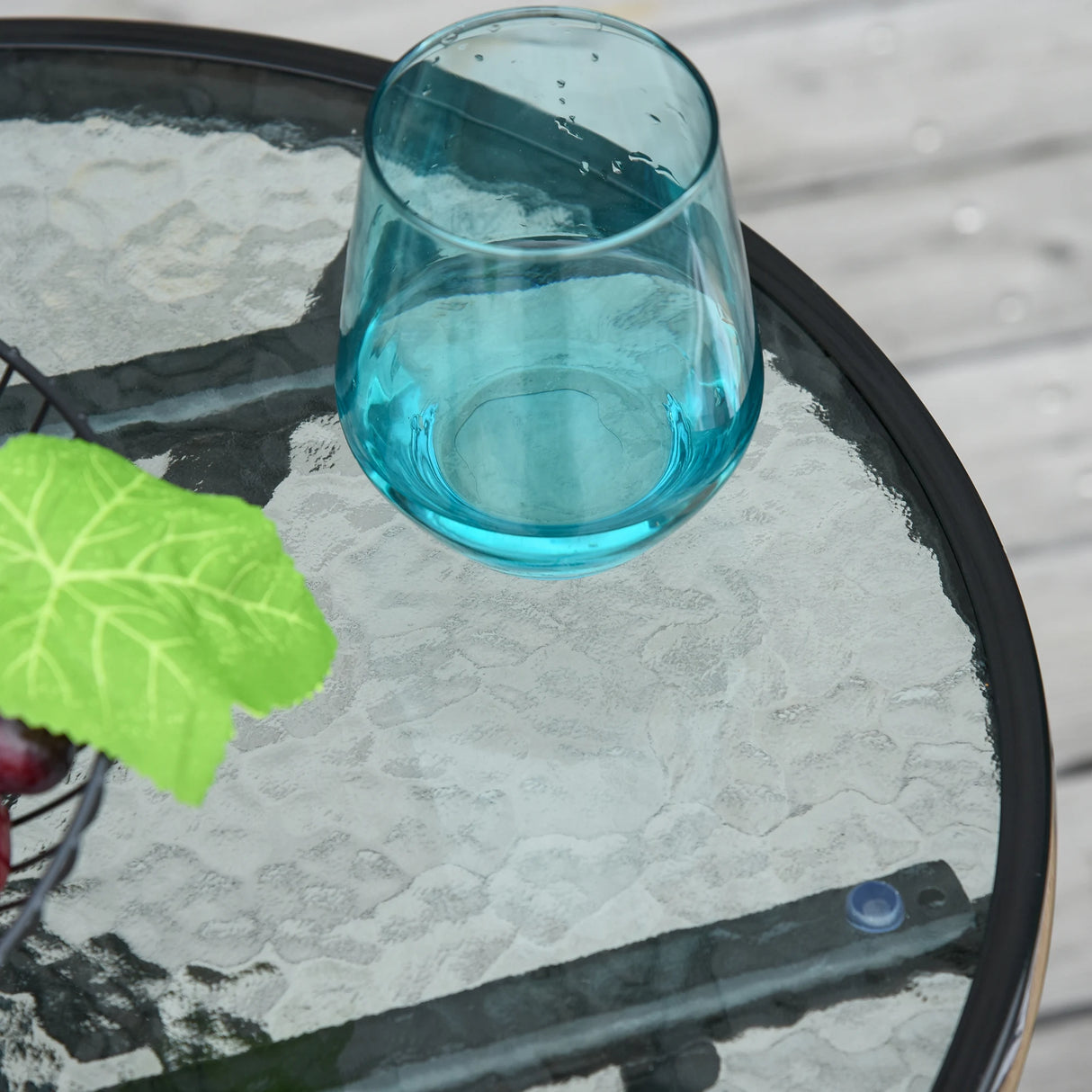 Outsunny Foldable Garden Table, Round Folding Table with Glass Tabletop and Safety Buckle for Patio, Garden, Outdoor, Indoor, Black