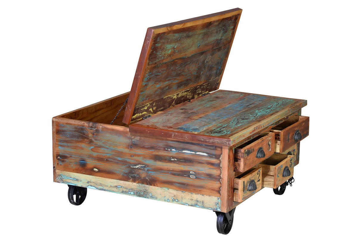 Giner and Colomer - Recycled Wood Coffee Table (5 Drawers, Folding Top & Iron Wheels)