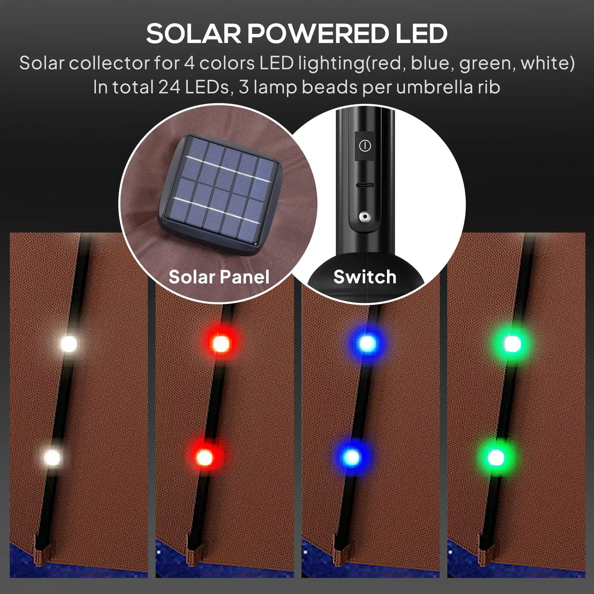 Outsunny 2.7m Garden 24 LED Light Parasol Solar Outdoor Tilt Sun Umbrella Patio Club Party Event Manual Sun Shade w/ Hand Crank and 8 Ribs, Brown