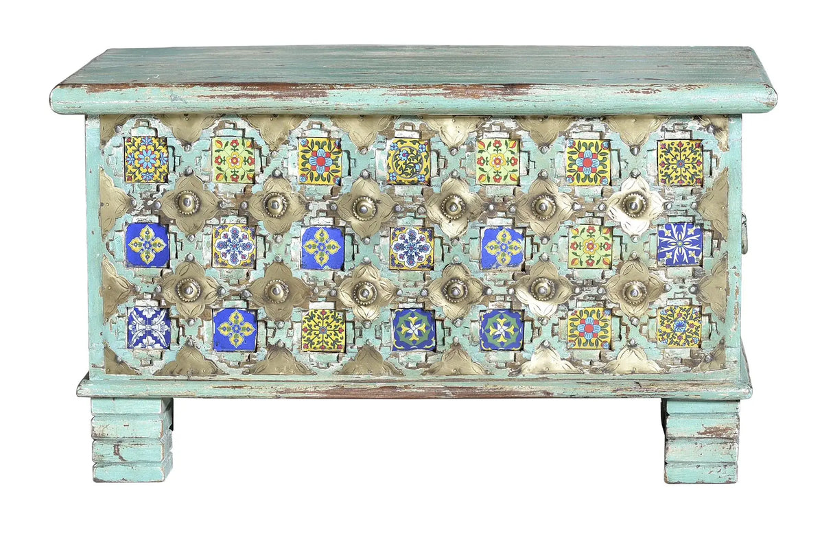 Giner and Colomer - Mango Wood Chest With Top Opening, Bronze & Ceramic Details