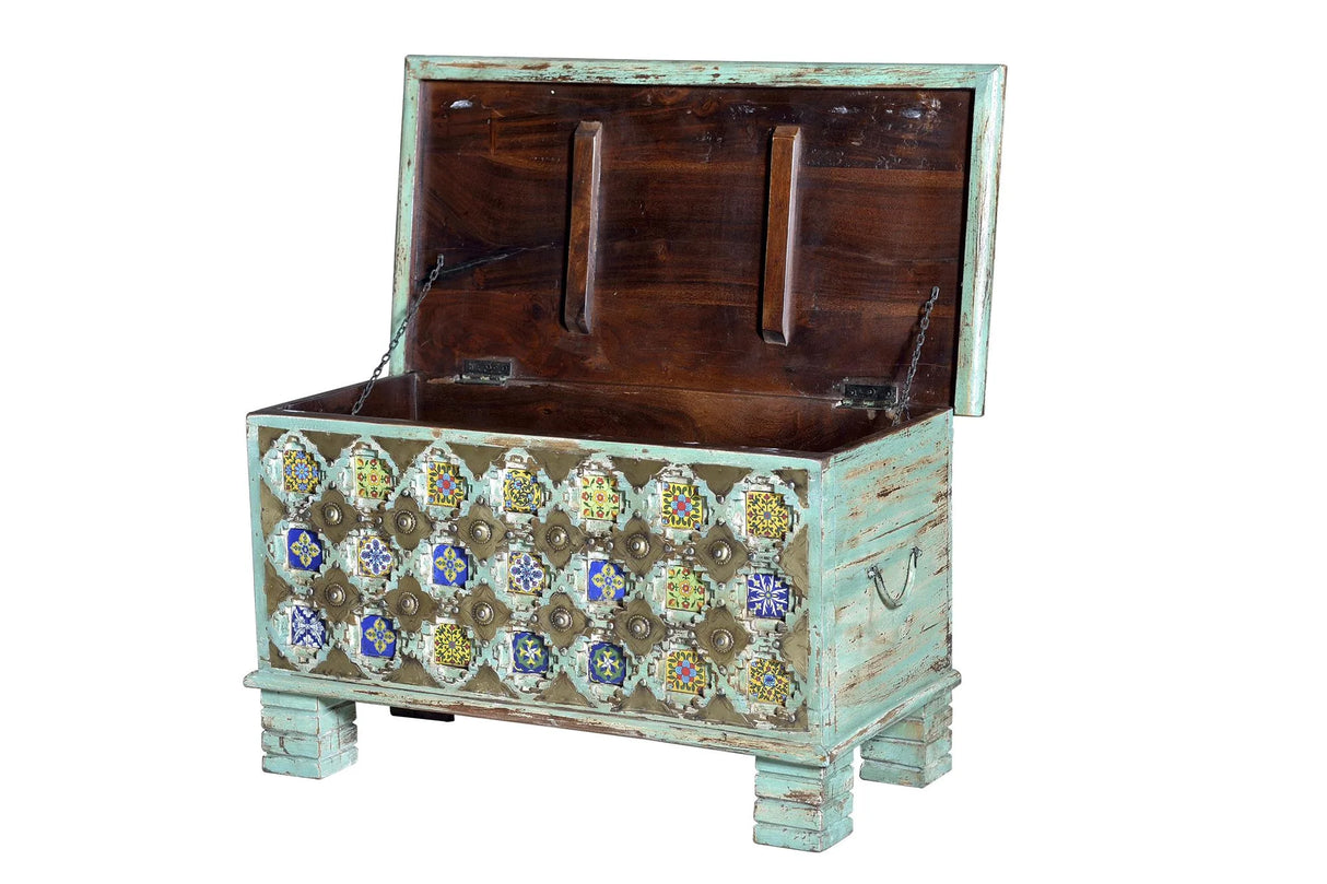 Giner and Colomer - Mango Wood Chest With Top Opening, Bronze & Ceramic Details