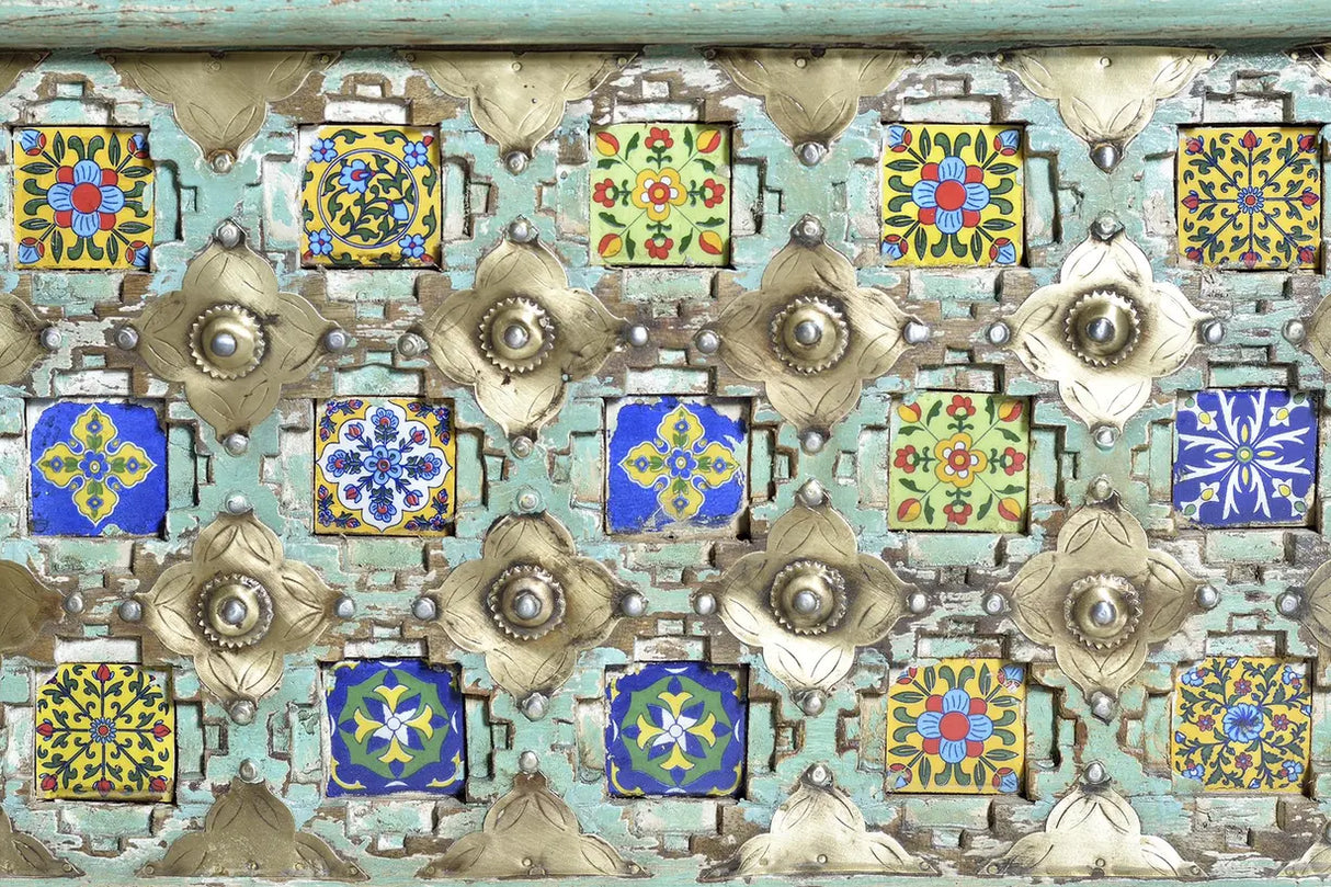 Giner and Colomer - Mango Wood Chest With Top Opening, Bronze & Ceramic Details