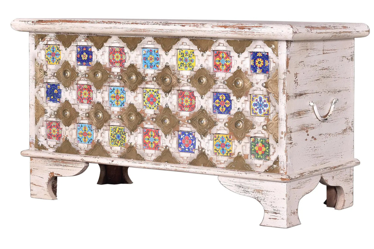 Giner and Colomer - Mango Wood Chest With Top Opening, Ceramic & Bronze Details