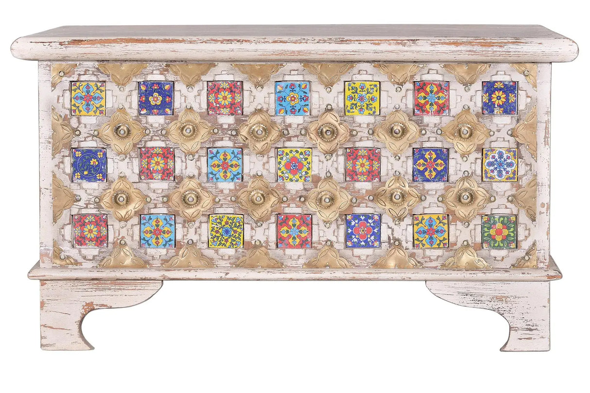 Giner and Colomer - Mango Wood Chest With Top Opening, Ceramic & Bronze Details