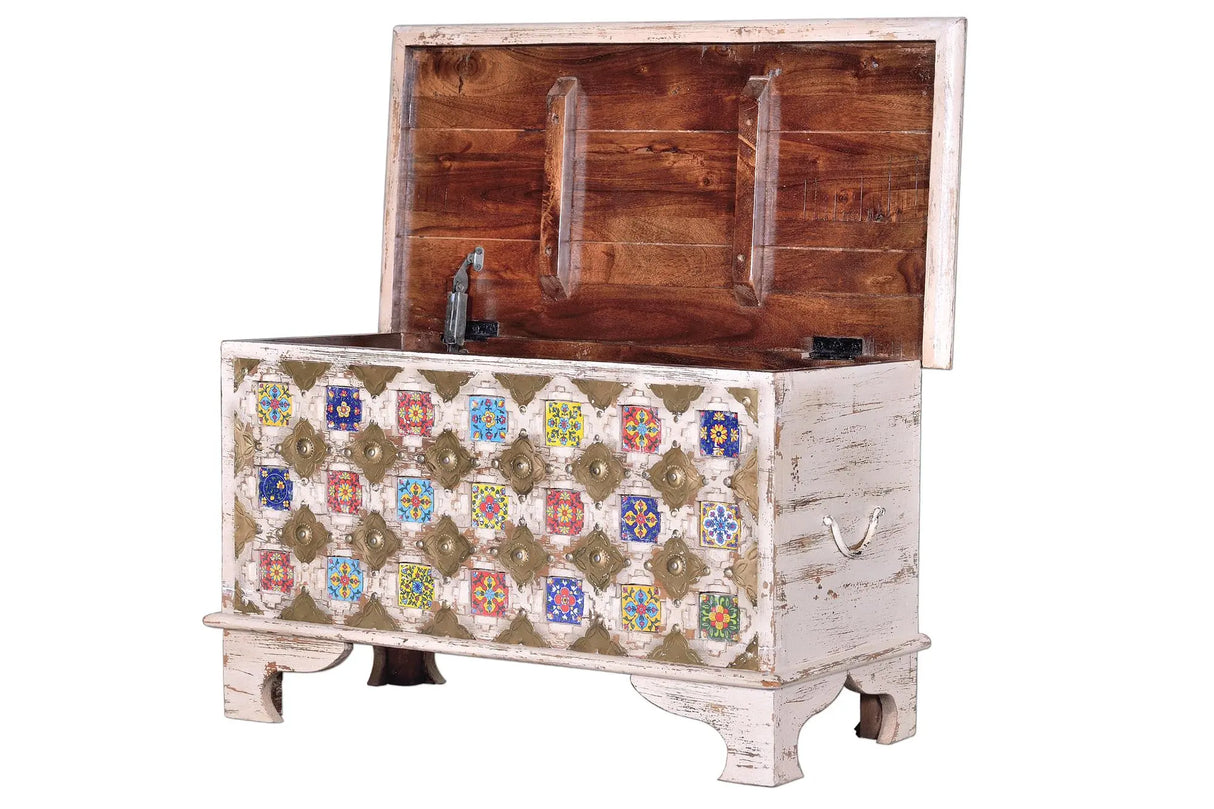 Giner and Colomer - Mango Wood Chest With Top Opening, Ceramic & Bronze Details
