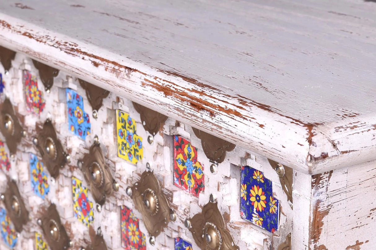 Giner and Colomer - Mango Wood Chest With Top Opening, Ceramic & Bronze Details