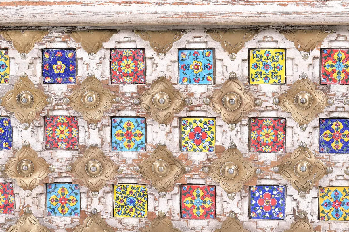 Giner and Colomer - Mango Wood Chest With Top Opening, Ceramic & Bronze Details