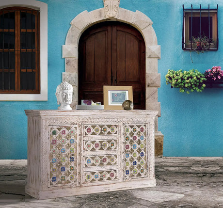 Giner and Colomer - Mango Wood Sideboard (2 Doors, 4 Drawers) With Ceramic & Bronze Details