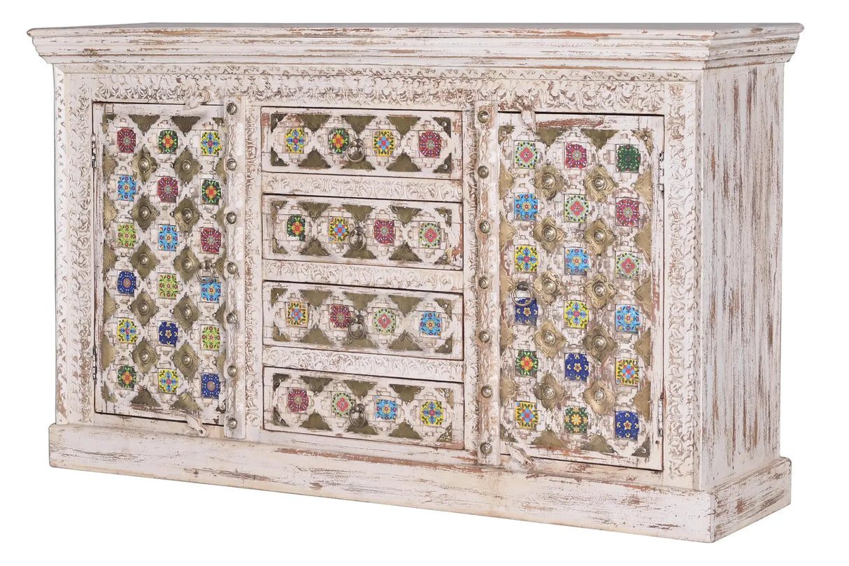 Giner and Colomer - Mango Wood Sideboard (2 Doors, 4 Drawers) With Ceramic & Bronze Details