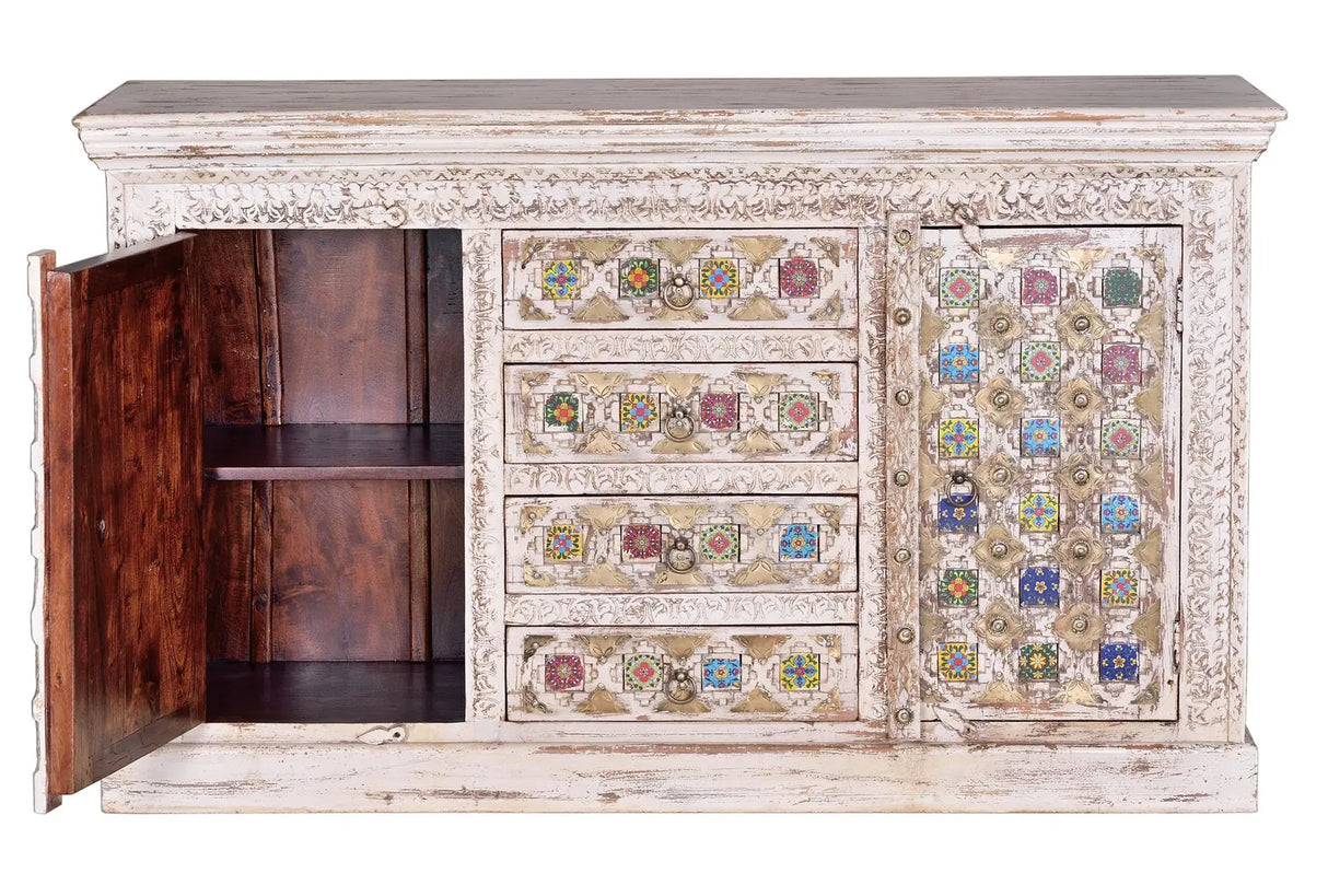 Giner and Colomer - Mango Wood Sideboard (2 Doors, 4 Drawers) With Ceramic & Bronze Details