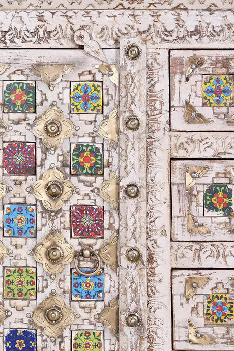 Giner and Colomer - Mango Wood Sideboard (2 Doors, 4 Drawers) With Ceramic & Bronze Details