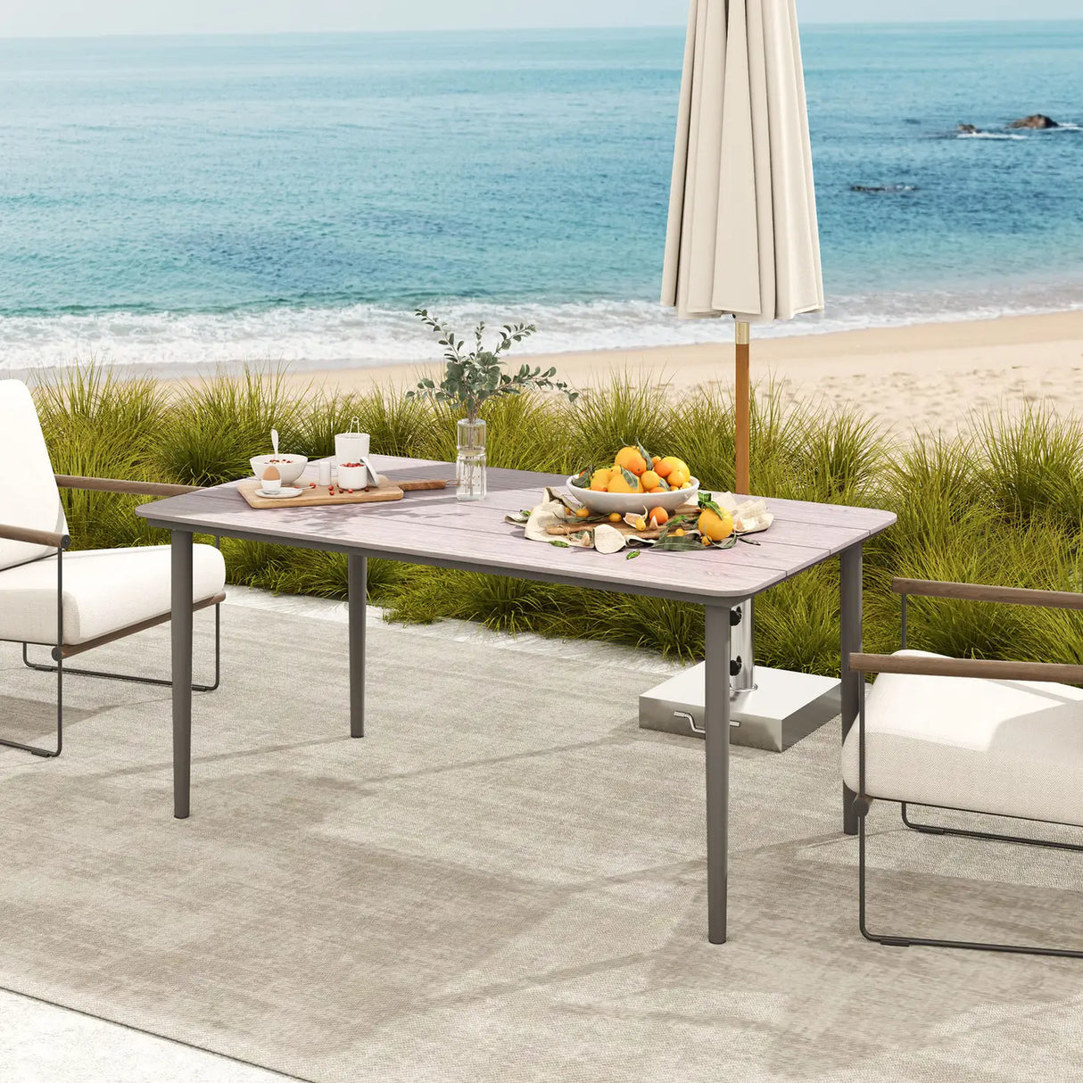 Outsunny Garden Table, Outdoor Dining Table for 6 People, 160 x 90 x 74 cm, with Rust Resistant Metal Frame, WPC Top, for Balcony, Terrace, Light Grey