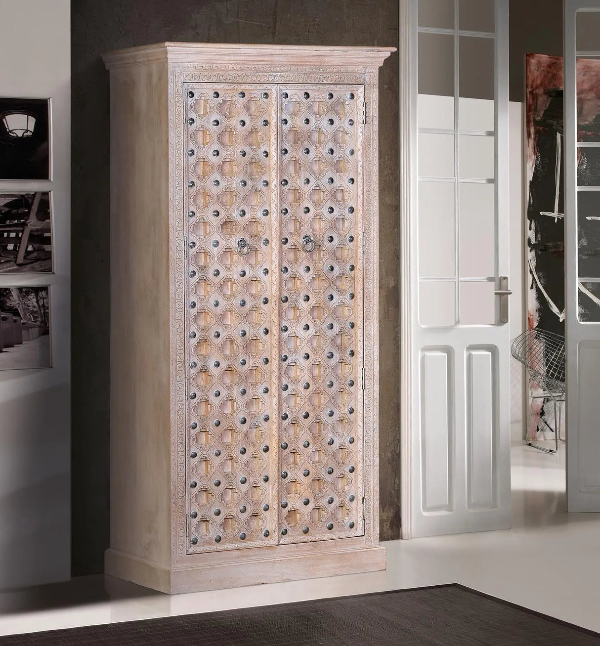 Giner and Colomer - 2-Door Mango Wood Cabinet With Iron Door Details & Shelves