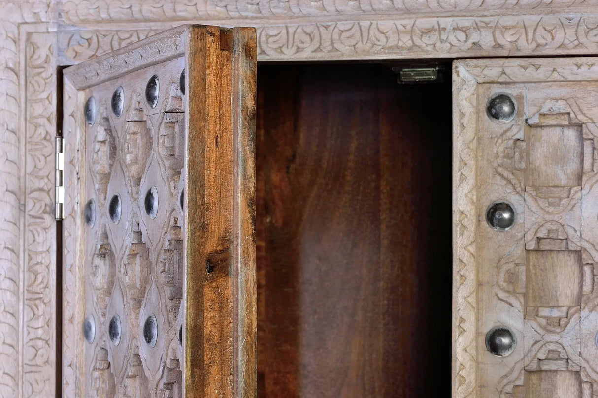 Giner and Colomer - 2-Door Mango Wood Cabinet With Iron Door Details & Shelves