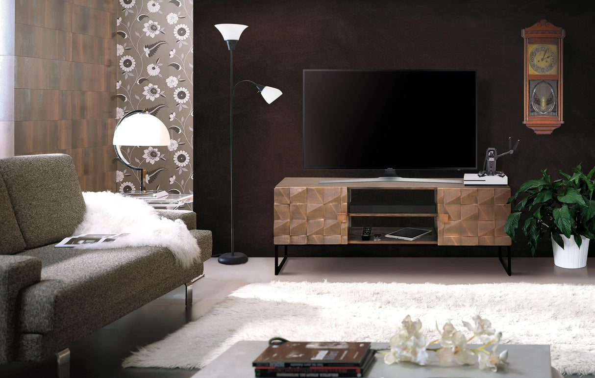 Giner and Colomer - 2-Door Mango Wood TV Furniture With Bronze & Iron Base