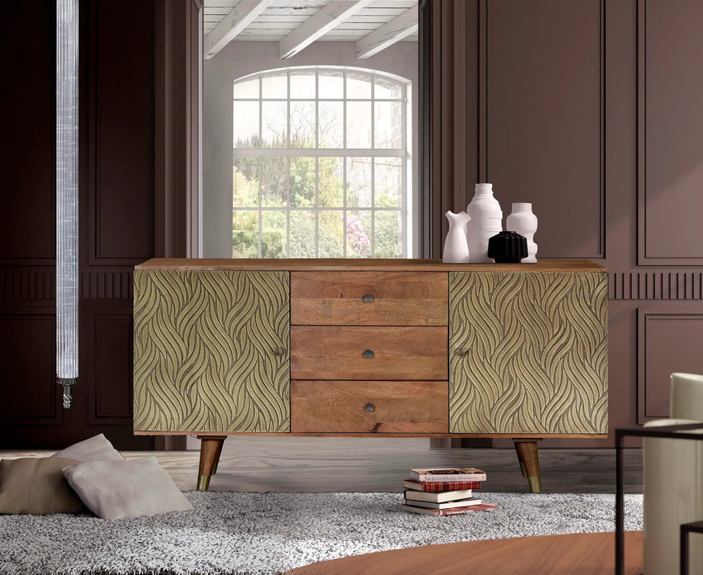 Giner and Colomer - Mango Wood Sideboard With 3 Drawers & 2 Bronze-Relief Doors