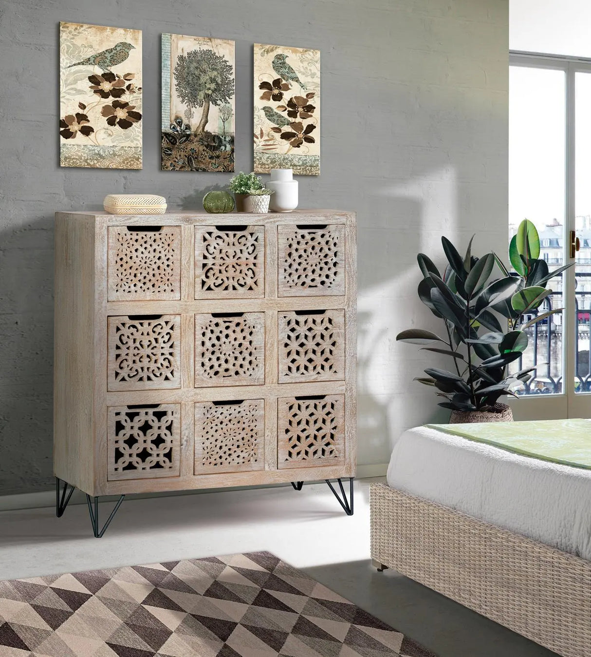 Giner and Colomer - Mango Wood Drawer Chest With Varied Front Designs & Iron Legs