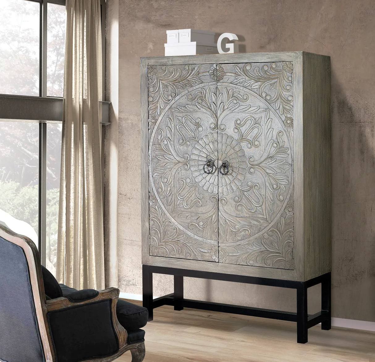 Giner and Colomer - 2-Door Mango Wood Cabinet With Iron Base (Shelves at 40 cm)