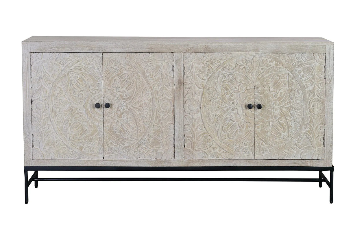 Giner and Colomer - 4-Door Mango Wood Sideboard With Hand-Carved Details