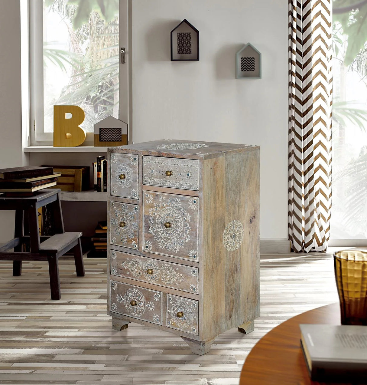 Giner and Colomer - 7-Drawer Mango Wood Telephone Unit With Hand-Painted Details