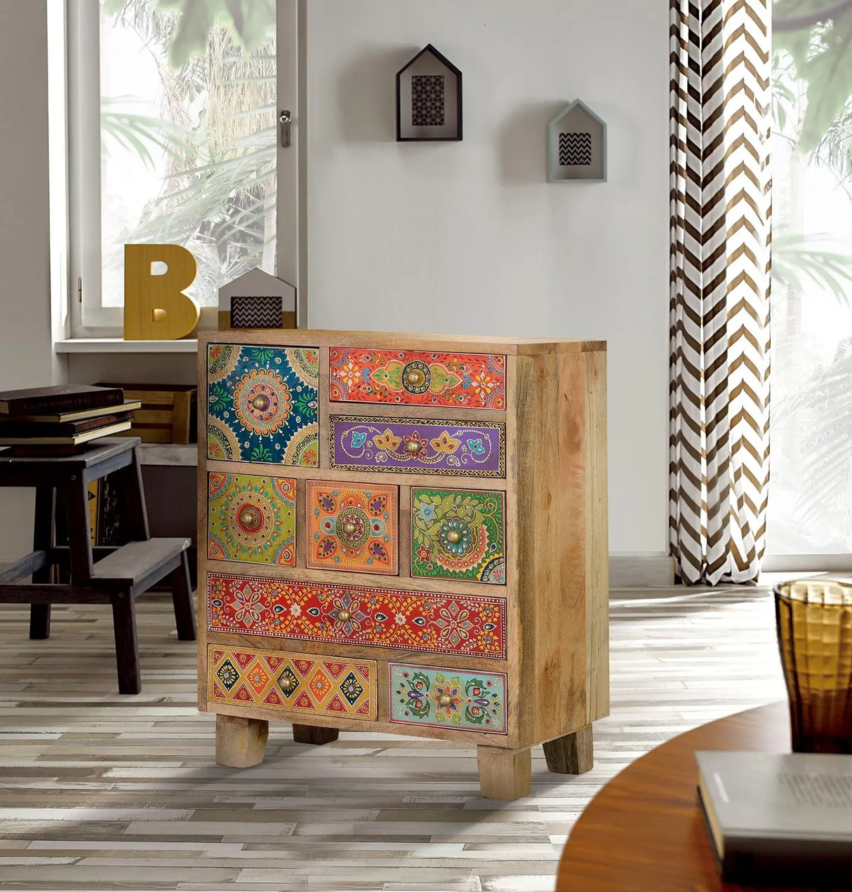 Giner and Colomer - 9-Drawer Mango Wood Telephone Unit With Hand-Painted Details