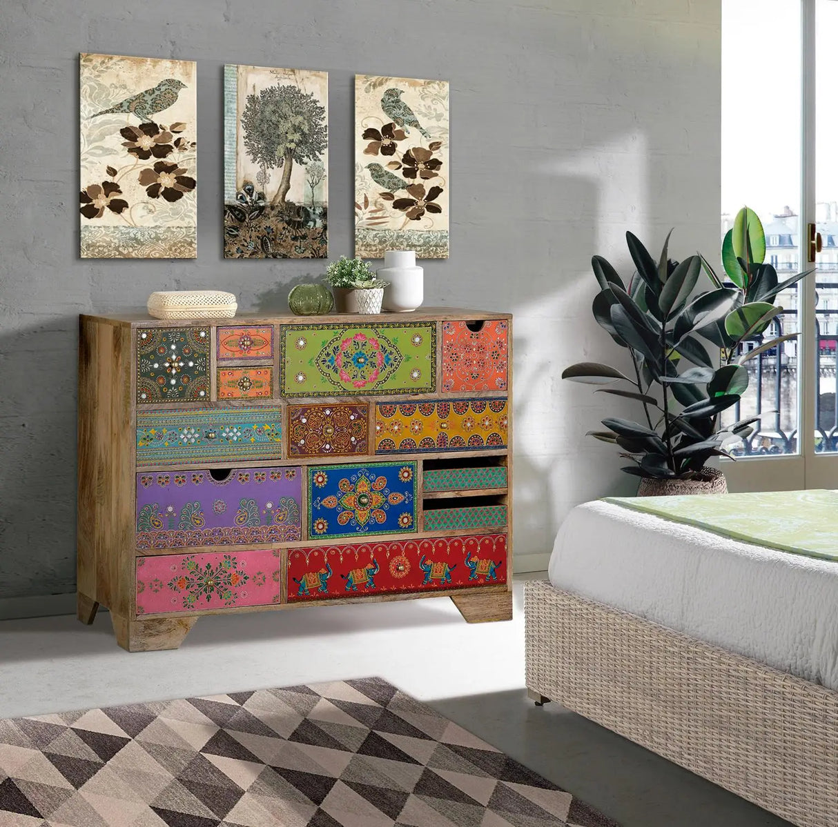 Giner and Colomer - 14-Drawer Mango Wood Chest With Hand-Painted Details