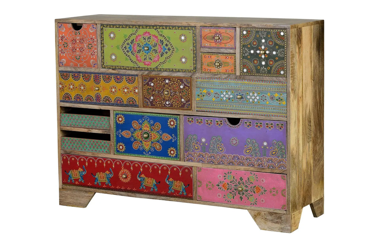 Giner and Colomer - 14-Drawer Mango Wood Chest With Hand-Painted Details