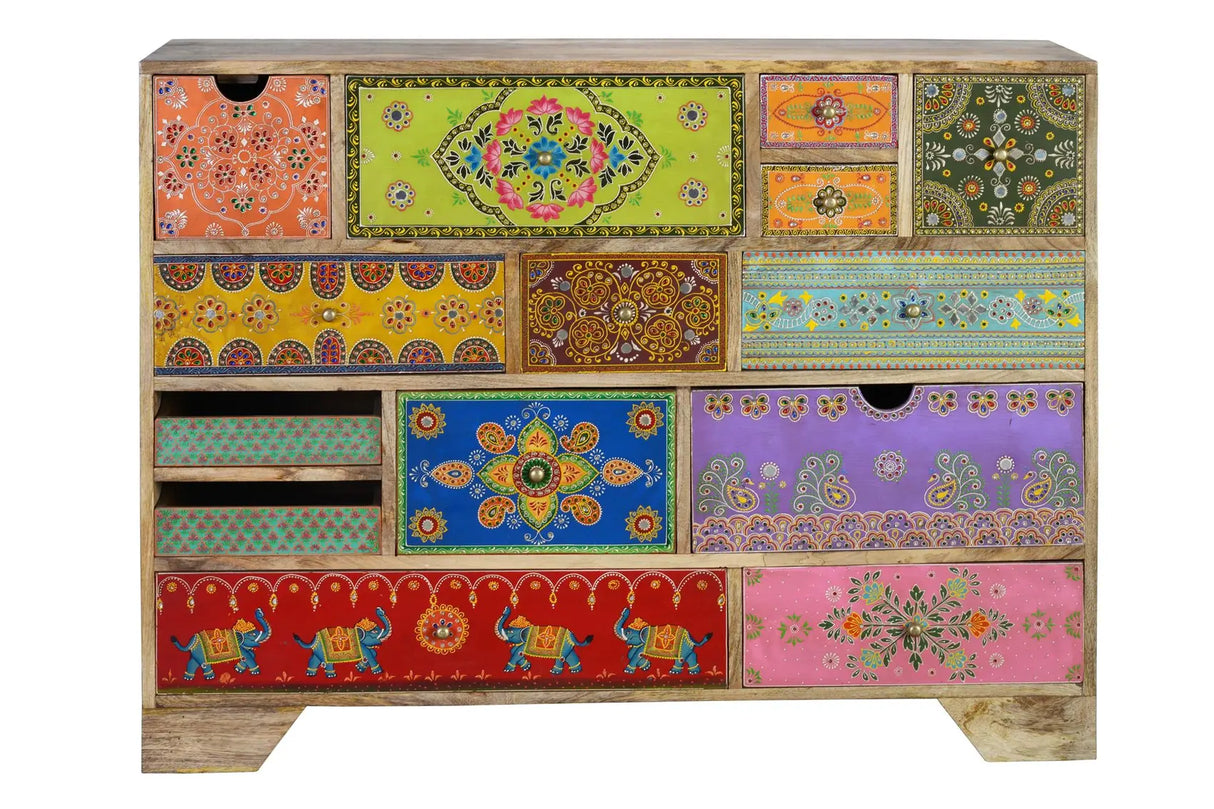 Giner and Colomer - 14-Drawer Mango Wood Chest With Hand-Painted Details