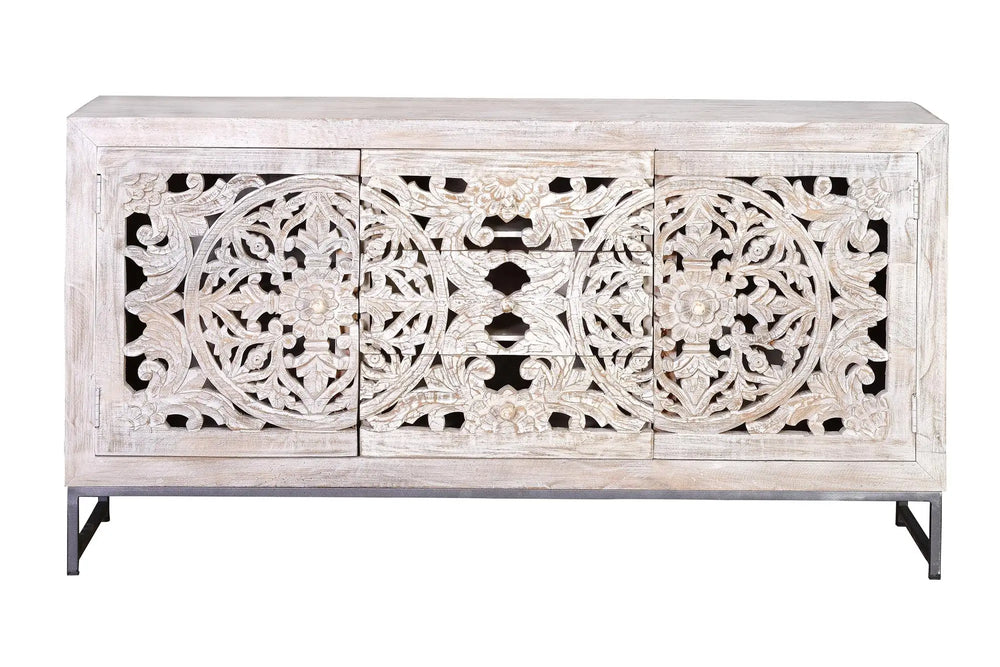 Giner and Colomer - Mango Wood Sideboard (2 Doors, 3 Drawers) With Grey Iron Base