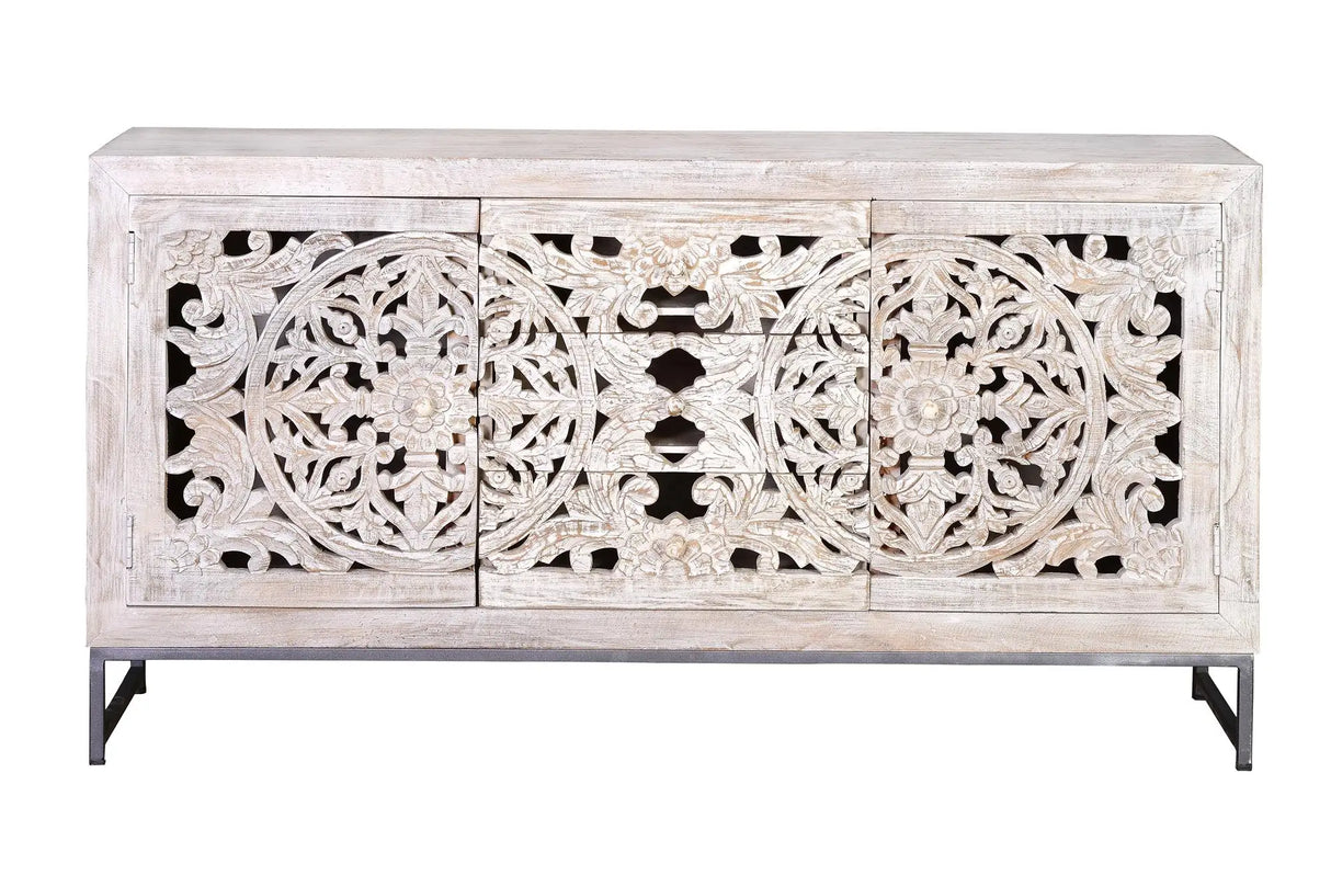 Giner and Colomer - Mango Wood Sideboard (2 Doors, 3 Drawers) With Grey Iron Base