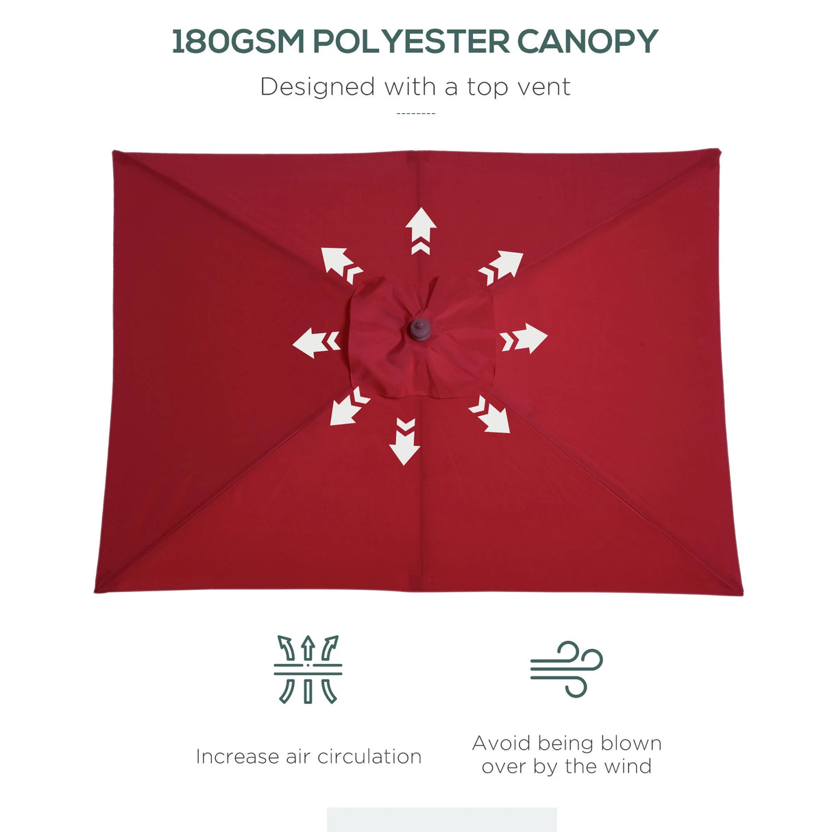 Outsunny 2m x 1.5m Garden Parasol Umbrella with Tilting Sunshade Canopy, Outdoor Market Table Umbrella with Wood and Bamboo Frame, Wine Red