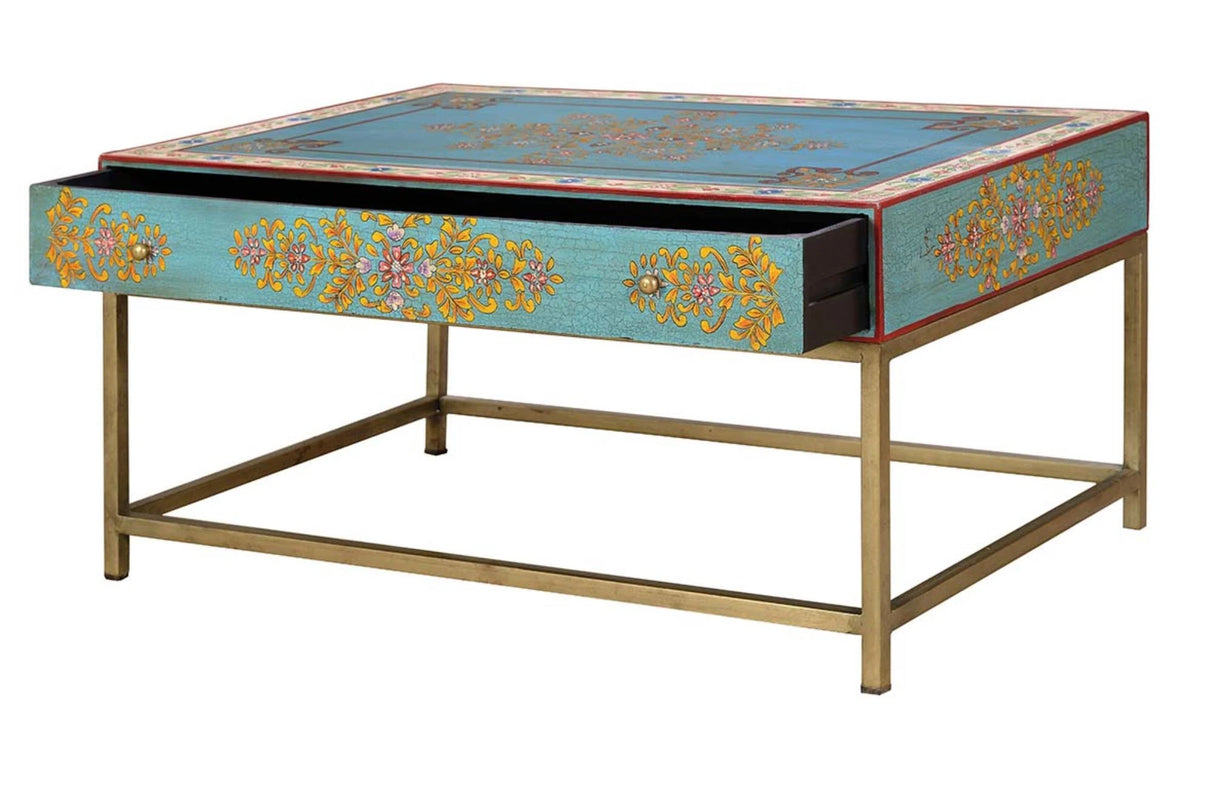 Giner and Colomer - 1-Drawer Coffee Table With Metal Base & Hand-Painted Mango Wood Top