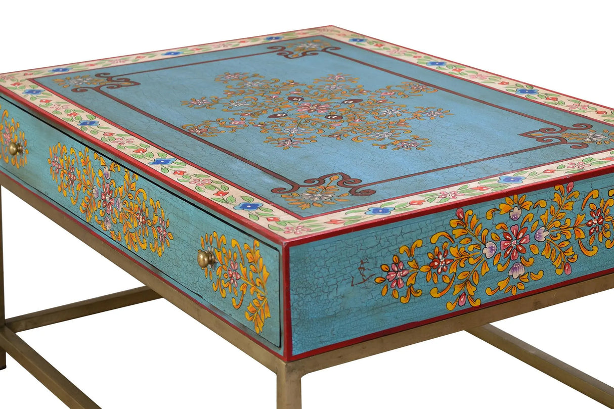 Giner and Colomer - 1-Drawer Coffee Table With Metal Base & Hand-Painted Mango Wood Top