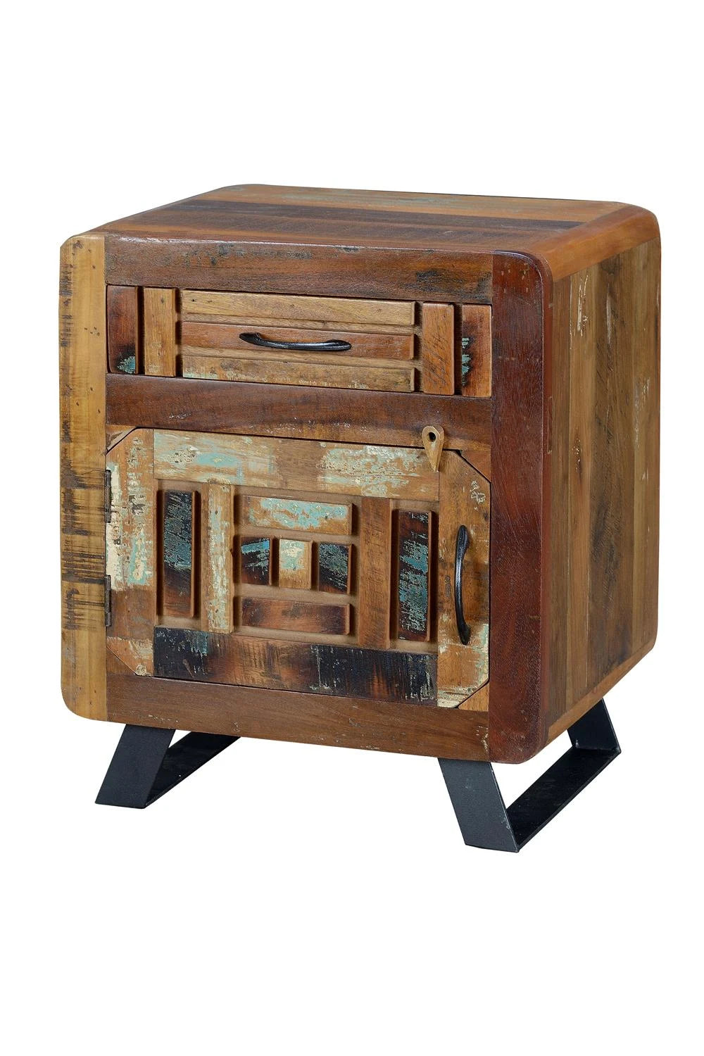 Giner and Colomer - Recycled Wood Side Table (1 Drawer, 1 Door) With Metal Legs