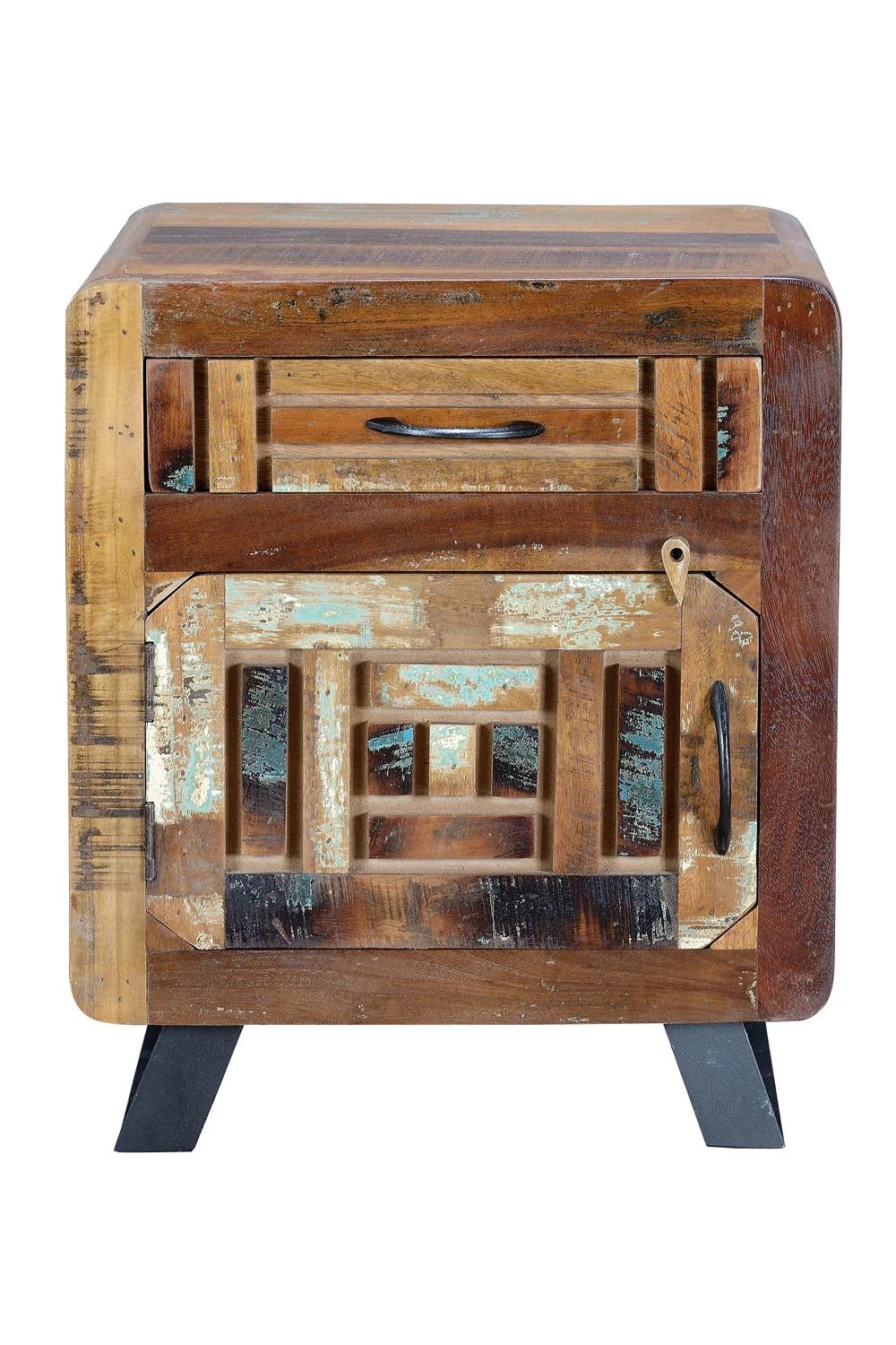 Giner and Colomer - Recycled Wood Side Table (1 Drawer, 1 Door) With Metal Legs