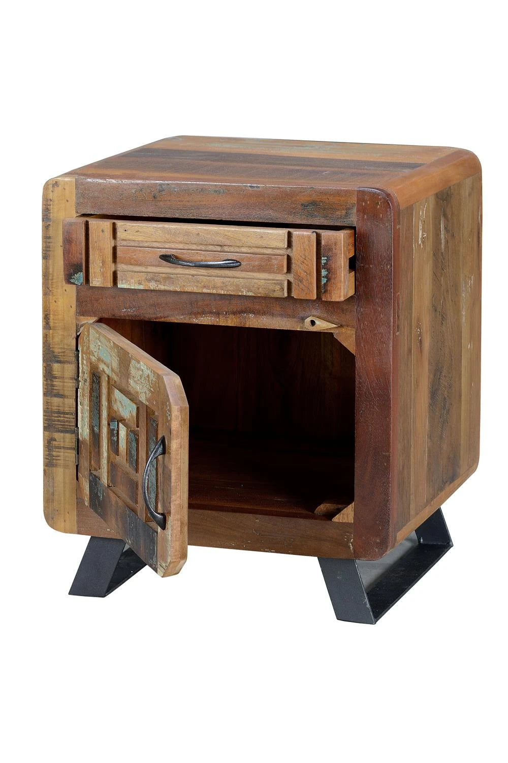 Giner and Colomer - Recycled Wood Side Table (1 Drawer, 1 Door) With Metal Legs