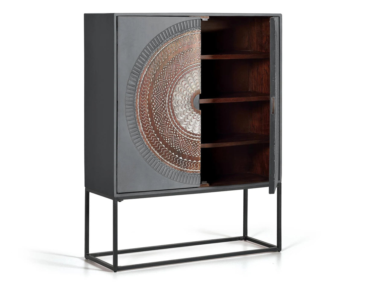 Giner and Colomer - 2-Door Mango Wood Display Cabinet With Carved Doors & Metal Base