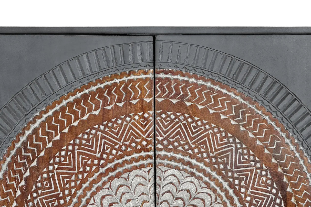 Giner and Colomer - 2-Door Mango Wood Display Cabinet With Carved Doors & Metal Base